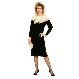 Betsy's‎ Things Vintage Black Gold Beaded Knit Sweater Dress M Long Sleeve